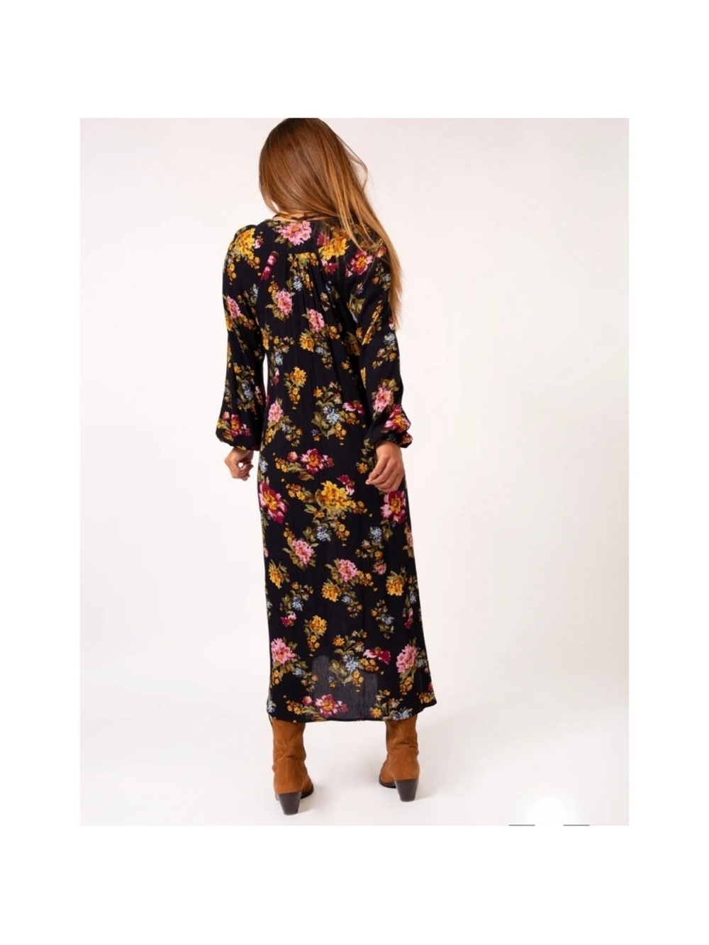 Natural Life Rowan Side Slit Midi Dress Floral Long-sleeve Elastic Cuff gauzy - Picture 3 of 8